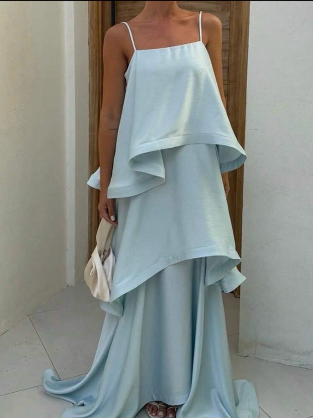 Elegant Light Blue Layered Maxi Dress with Spaghetti Straps